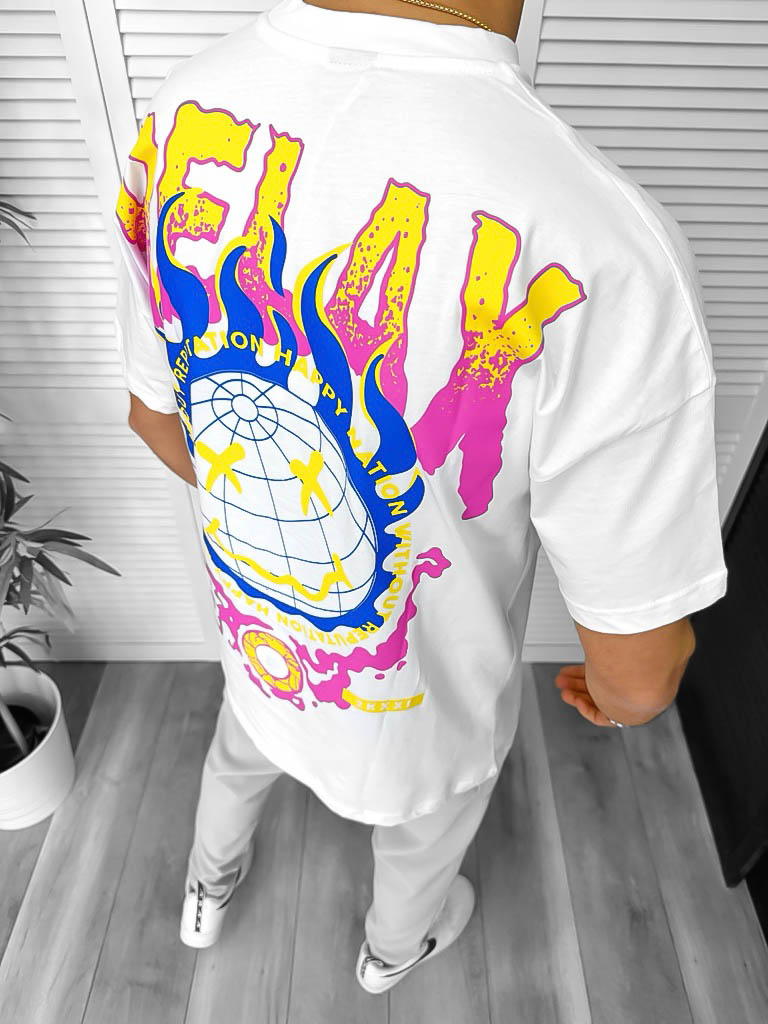 Tricou Barbati Alb Oversize cu Imprimeu Spate
