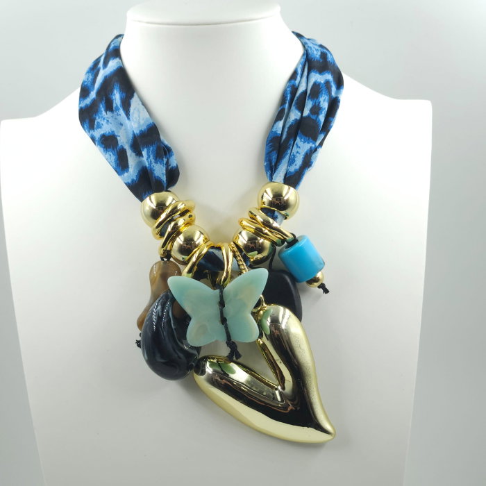 Colier statement albastru cu inima aurie si fluture ,   stil italian