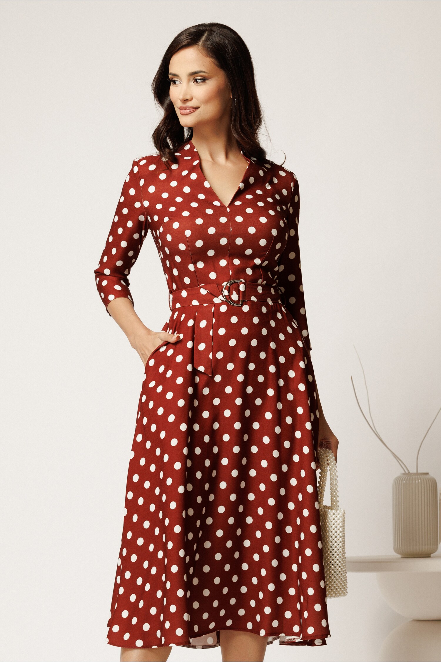 Rochie Midi Maro cu Buline din Stofă