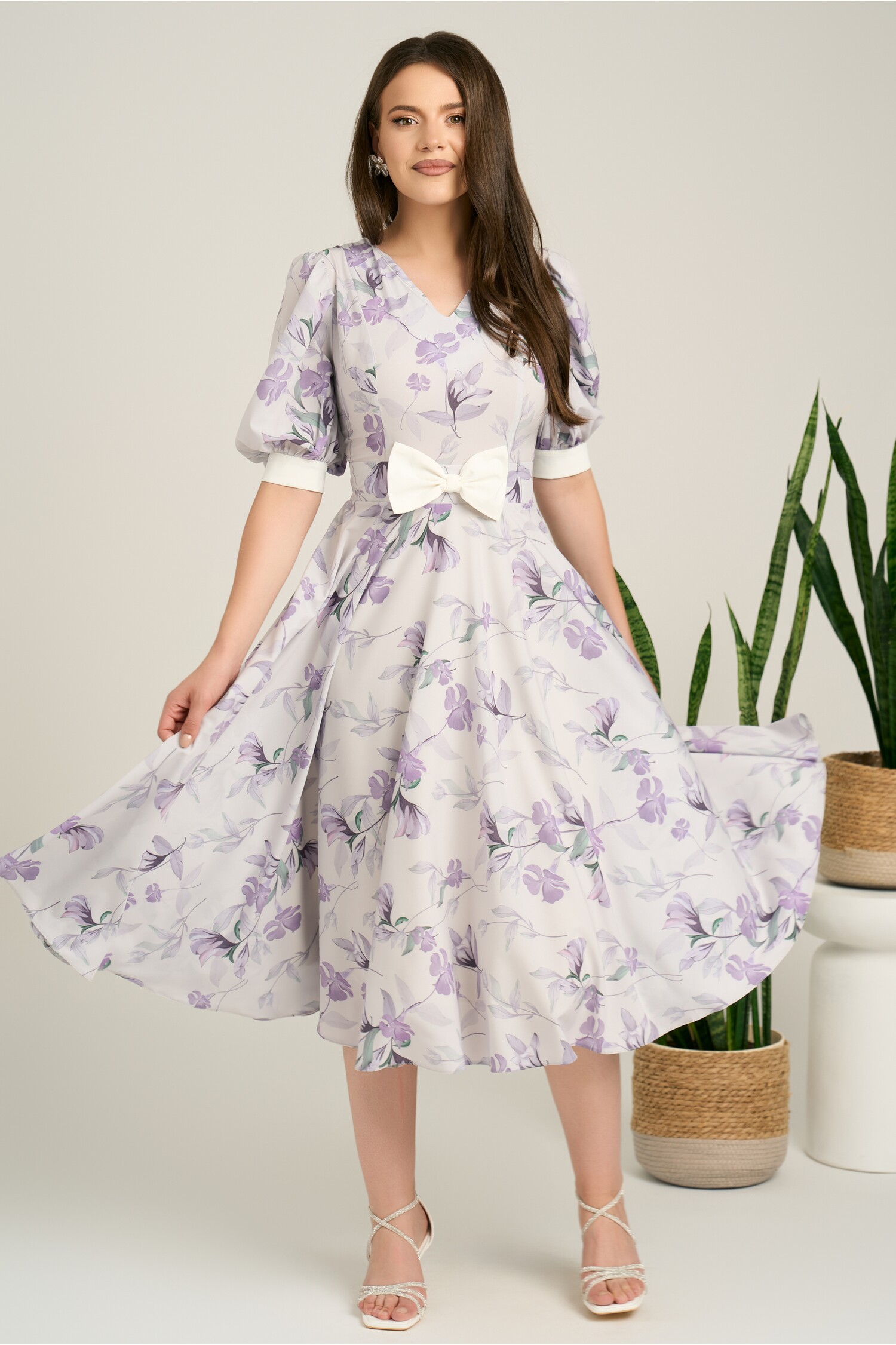 Rochie DY Fashion Midi Lila din Voal cu Fundă