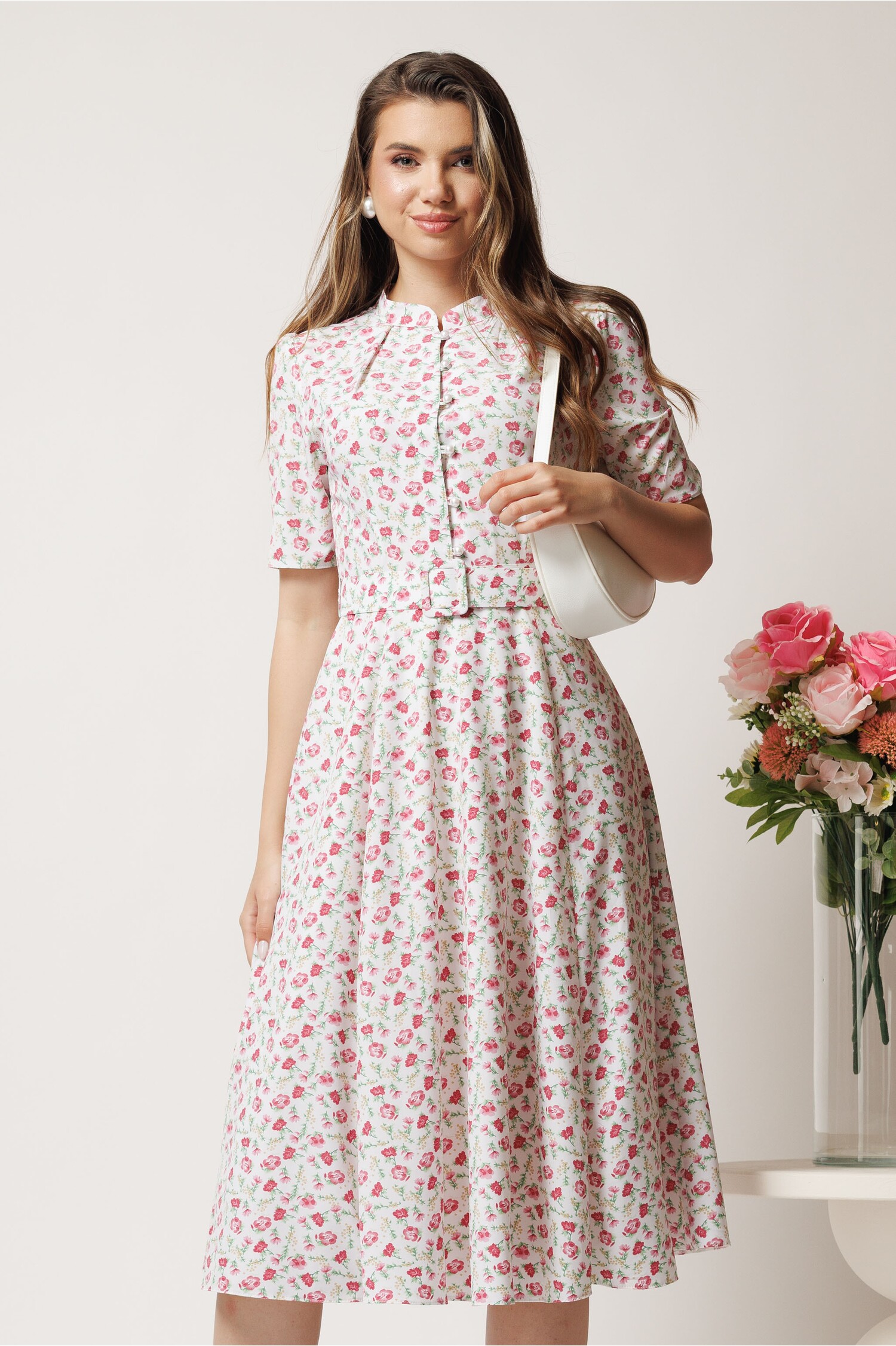 Rochie DY Fashion Midi Alba Triplu Voal Floral