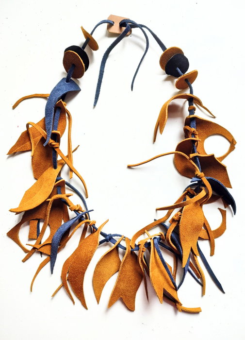 Colier Handmade Piele Galben Mustar & Bleumarin