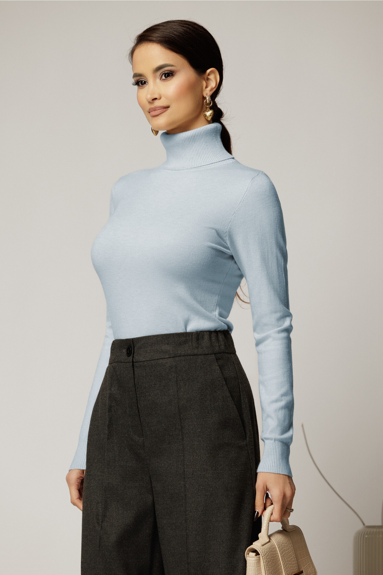 Maleta Bleu Tricot Guler Intors Casual