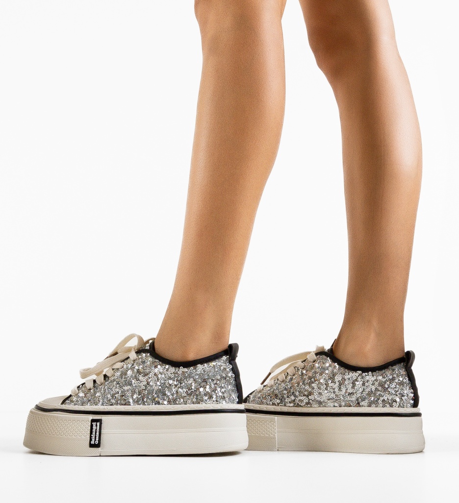 Sneakers Dama Argintii cu Paiete - imagine 2
