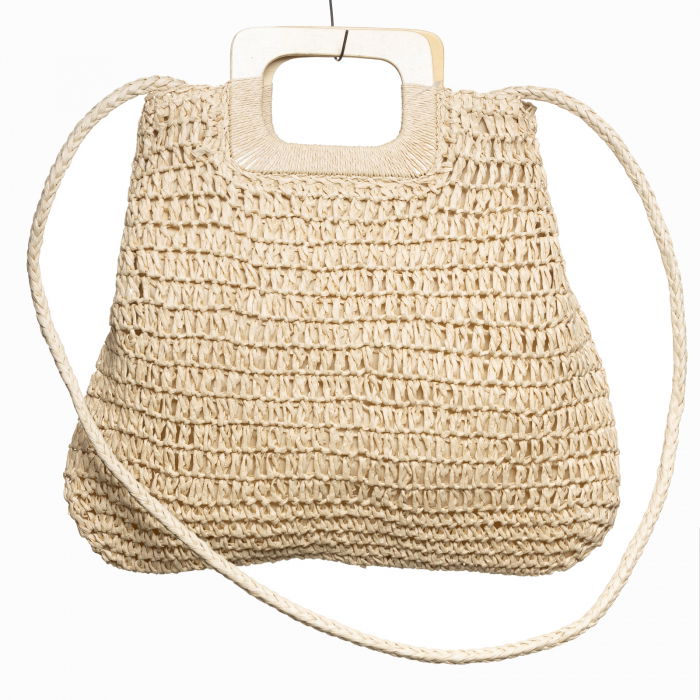 Geanta Shopika Impletita Crossbody cu Manere Lemn