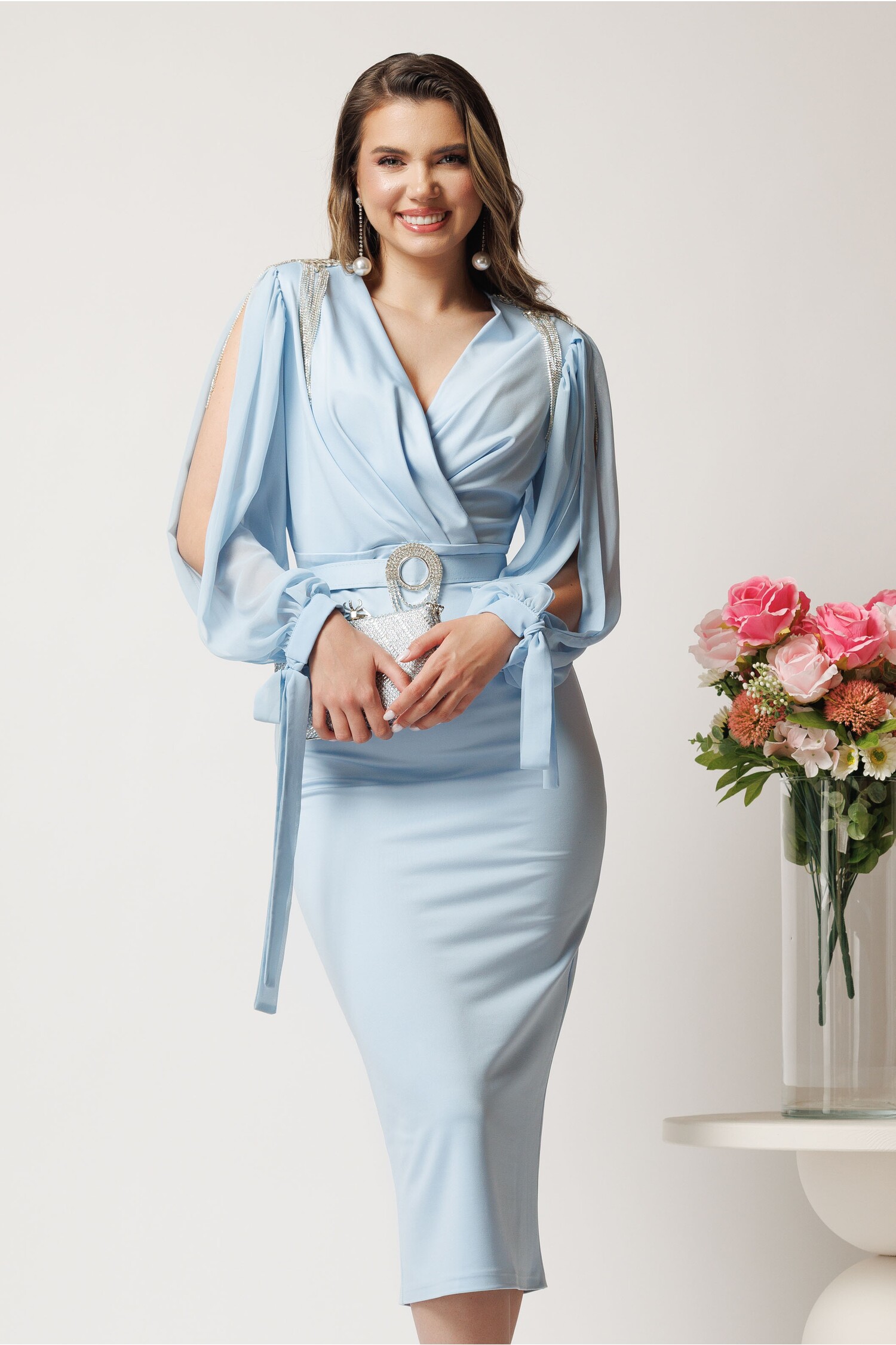 Rochie Ocazie Bleu Neopren cu Strasuri