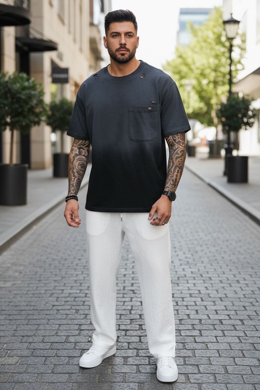 Tricou barbati  negru degrade  oversize  premium Y003 11-2.1