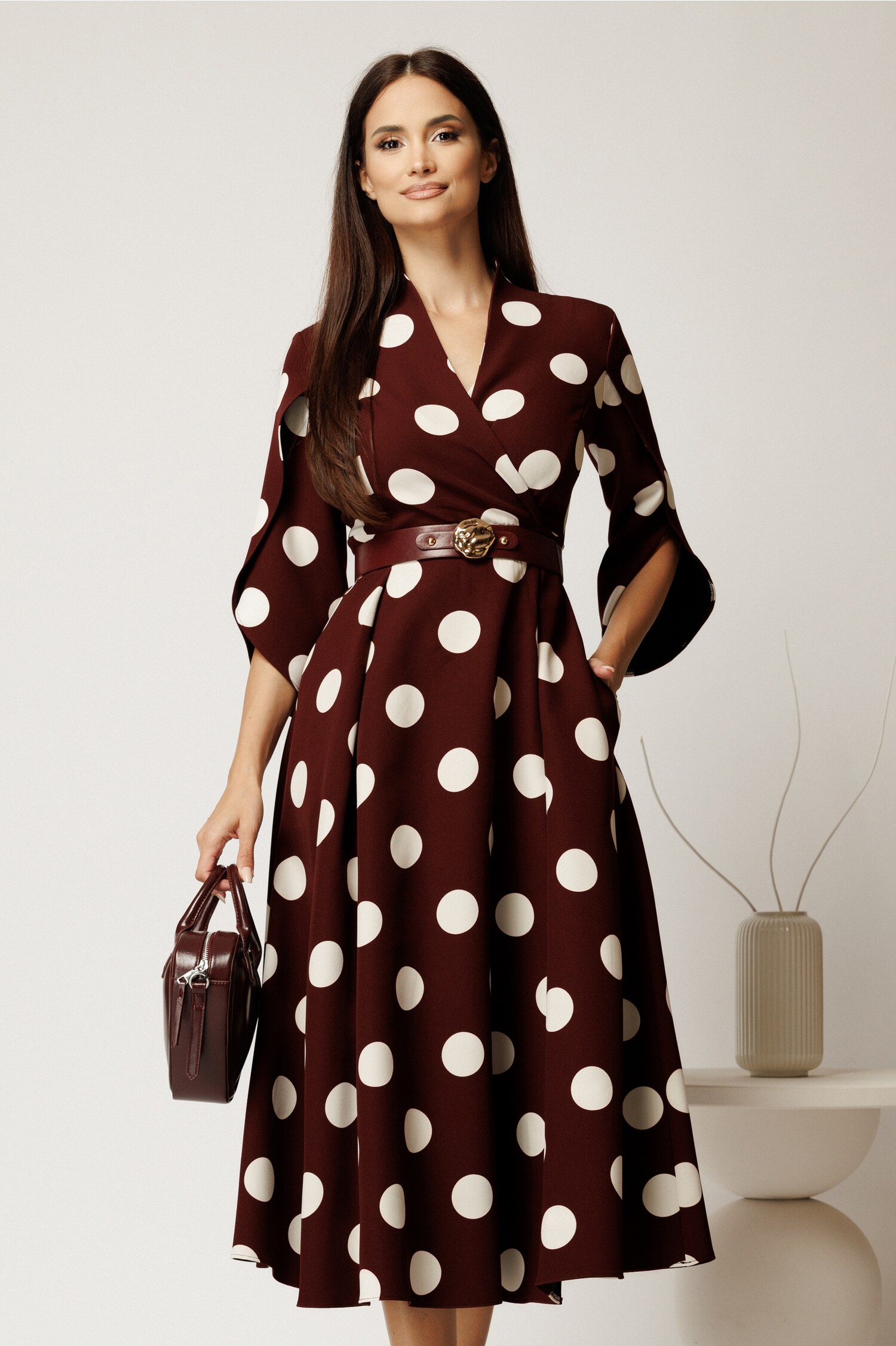 Rochie Midi Bordo cu Buline din Stofă | N/A