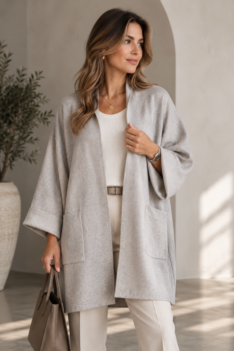 Cardigan lung oversize din vascoza, cu buzunare aplicate si croi amplu, bej