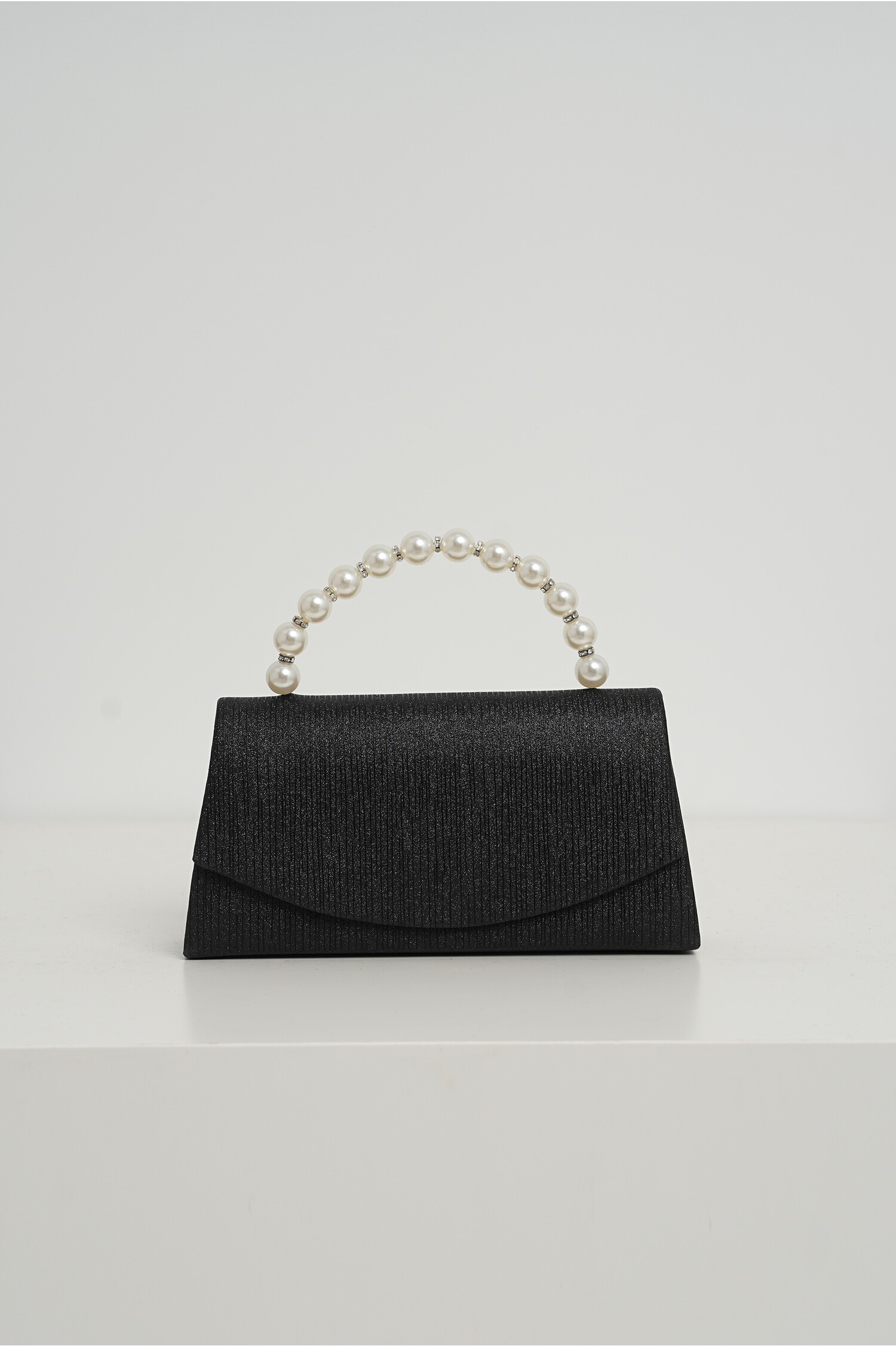 Clutch Elegant Negru cu Glitter și Mânere din Perle
