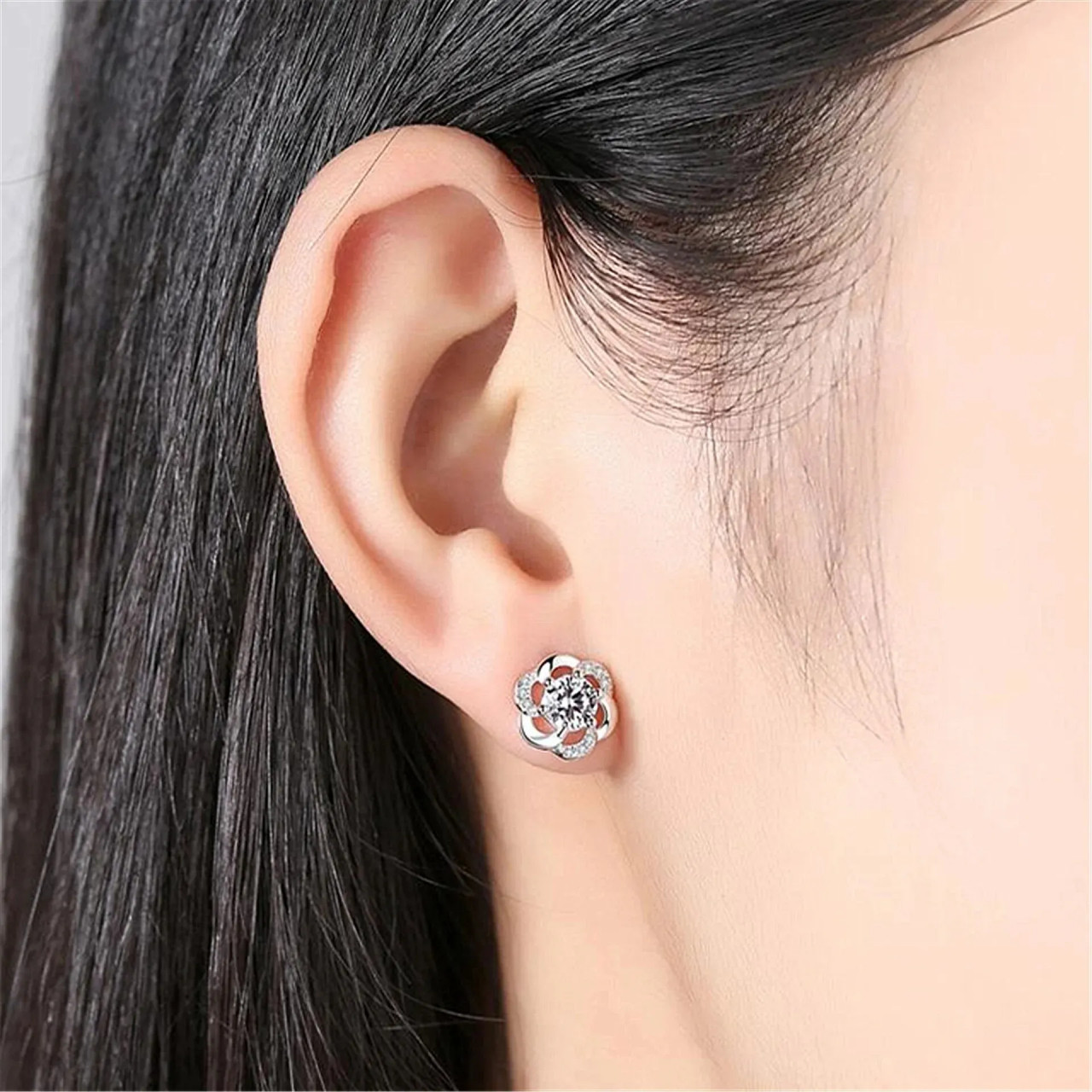 Cercei argint 925 floare cu zirconiu, placati rodiu Amanda - imagine 2