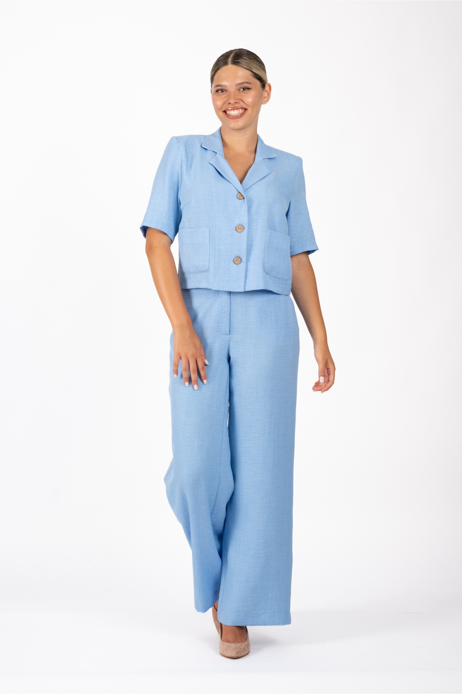 Pantaloni LaDonna bleu lejeri cu talie înaltă