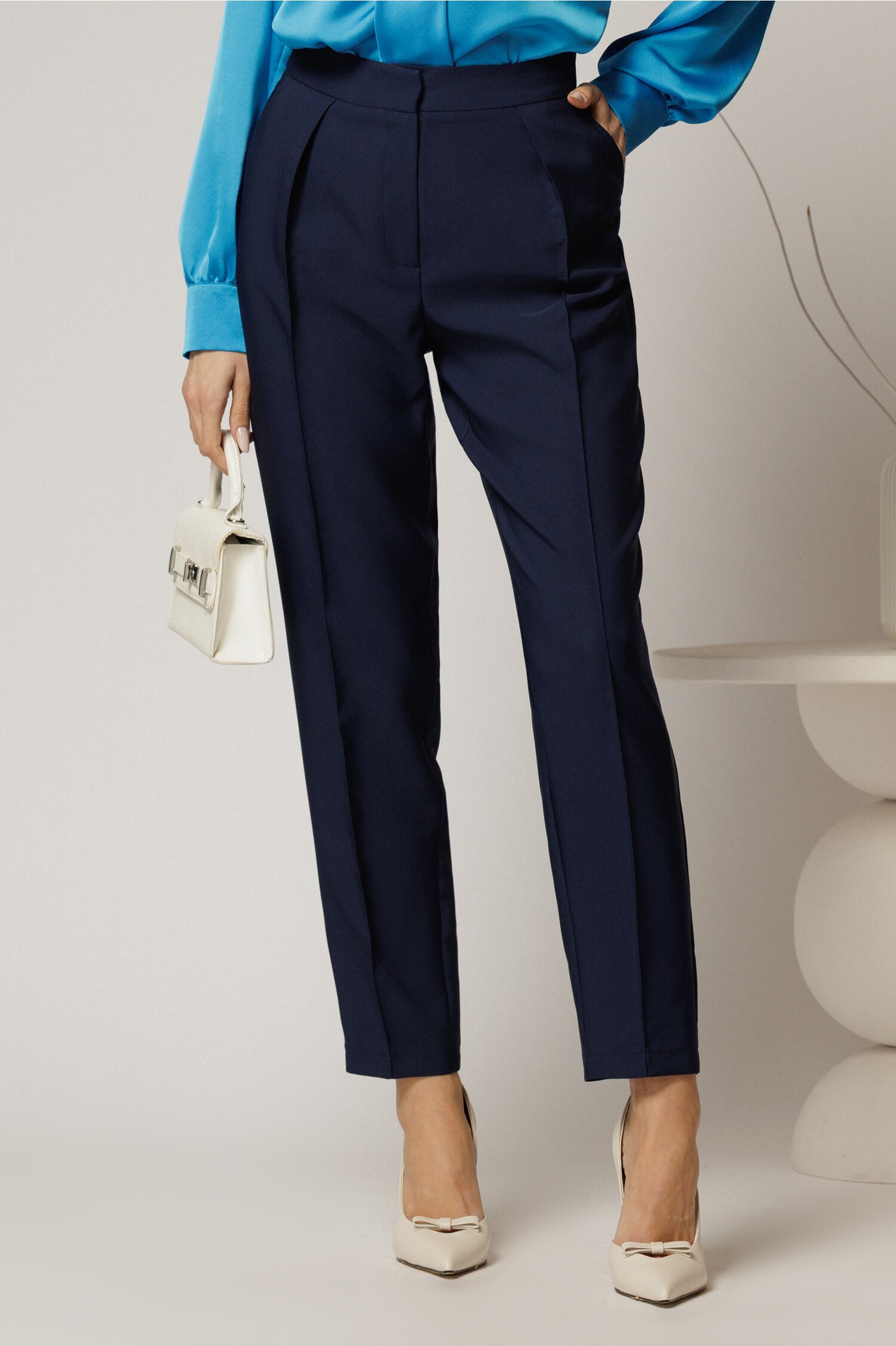 Pantaloni DY Fashion Bleumarin Pliu Talie Eleganți