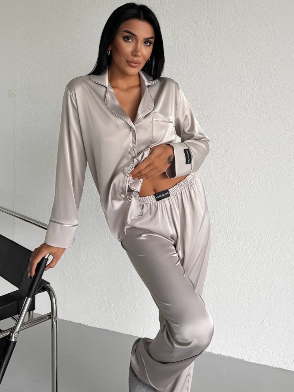 Pijama Delis 2 piese Gri, aspect satin - imagine 5