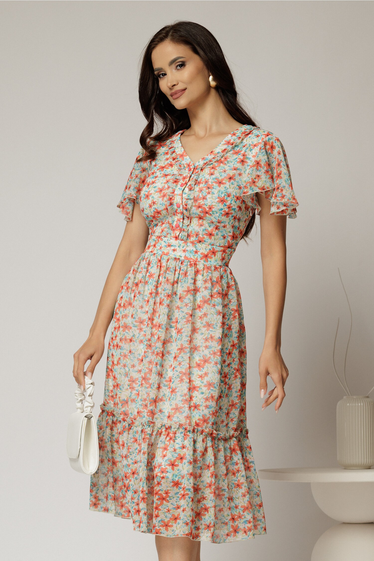 Rochie Midi Roz cu Imprimeuri Florale și Volanase
