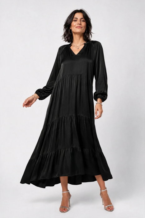 Rochie lunga din satin cu vascoza, croi amplu cu volane - neagra