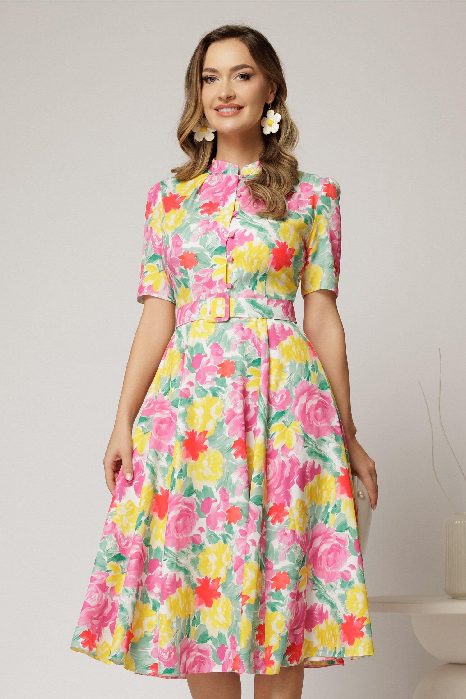 Rochie DY Fashion Midi Roz-Galben Triplu Voal