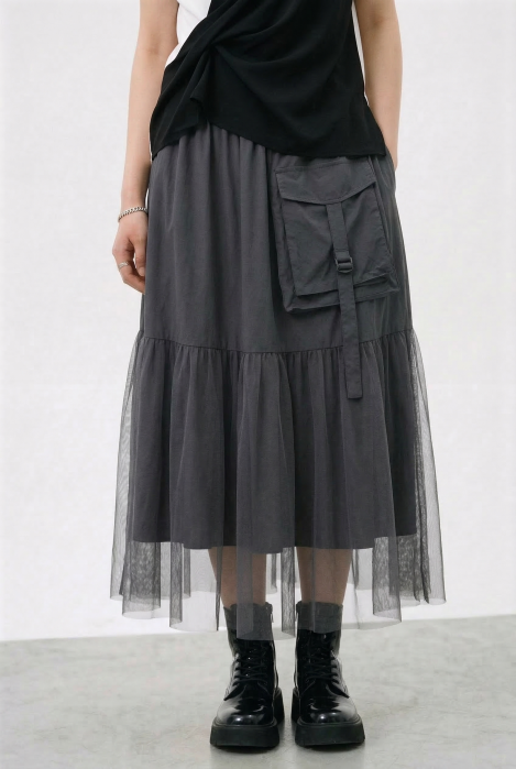 Fusta Lunga Gri cu Tulle Shopika | Casual Modern