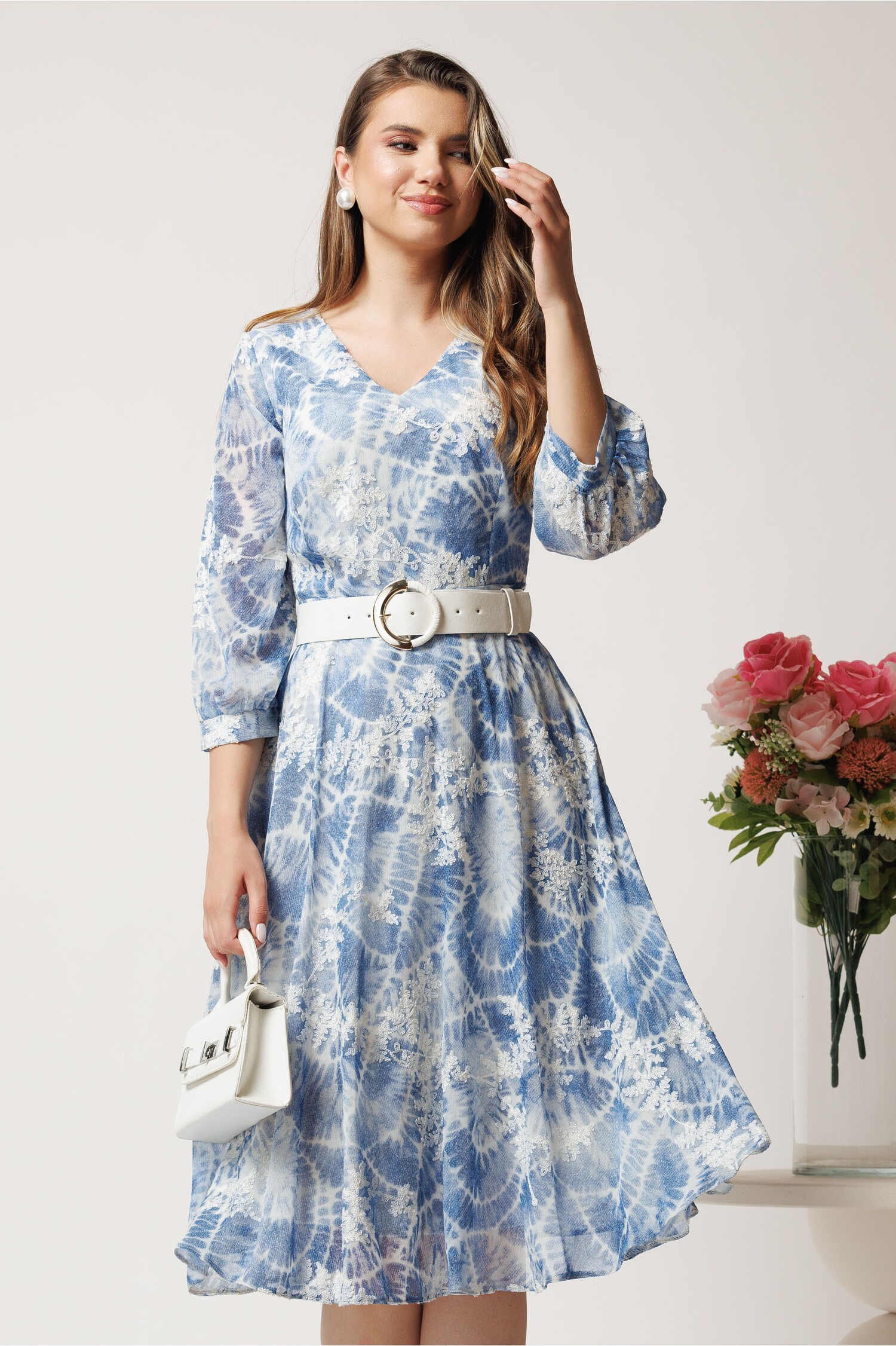 Rochie Midi Bleu Voal Cununie Civilă Eleganta