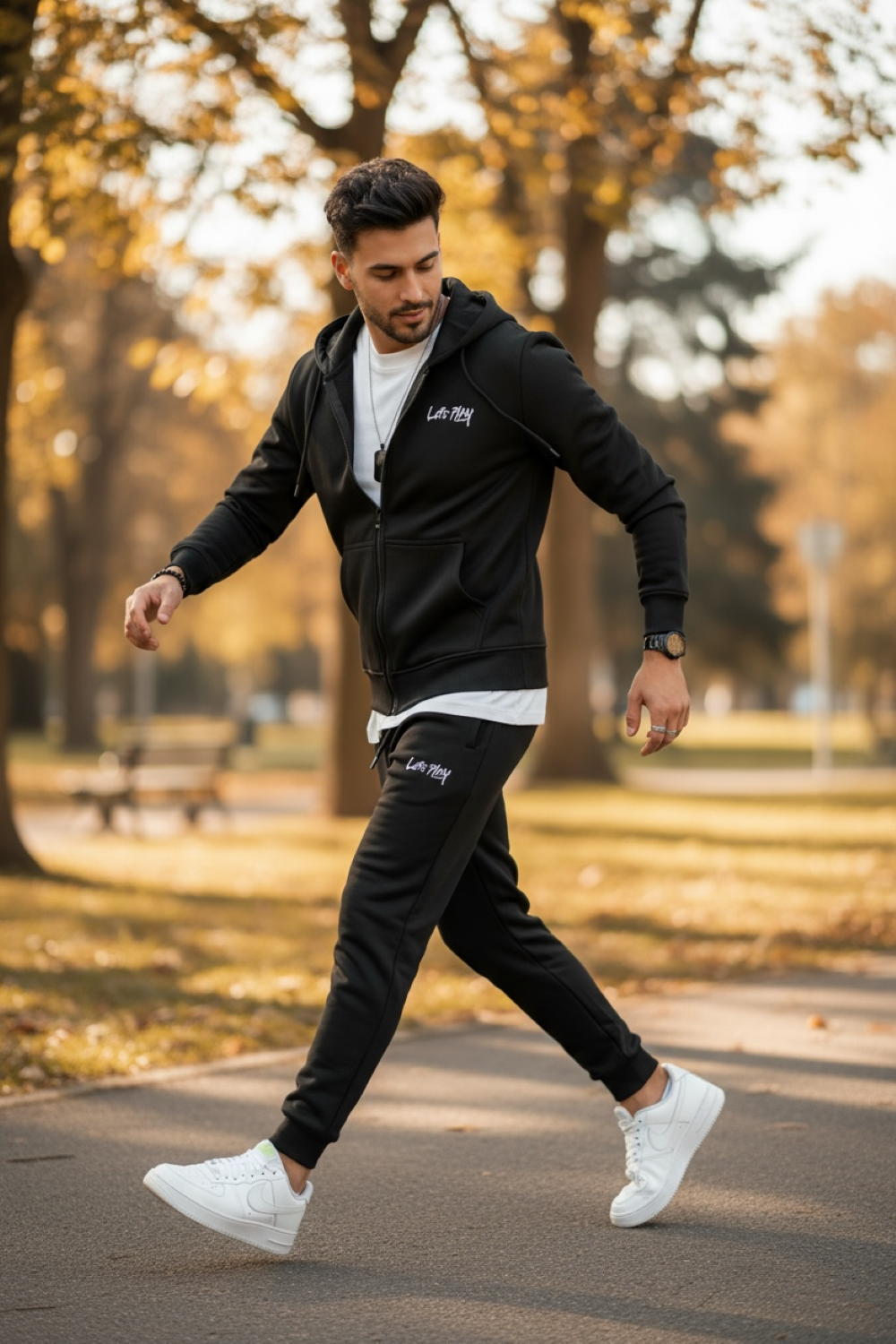 Trening Barbati Slim Fit Negru cu Hanorac Vatuit