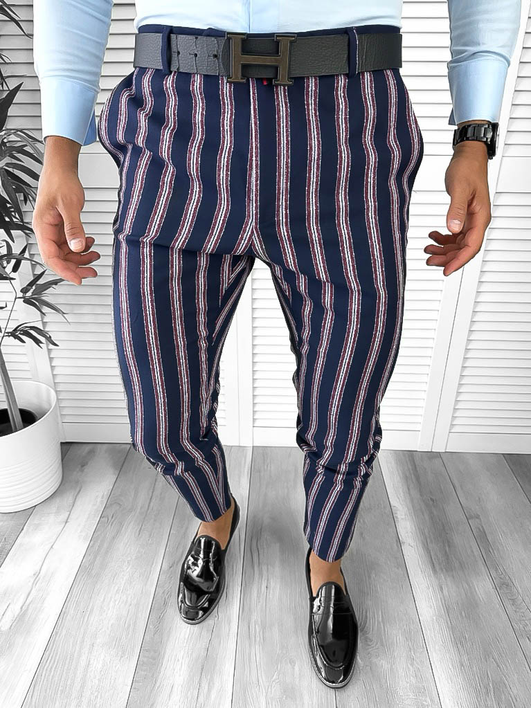 Pantaloni Eleganți Bleumarin Bărbați | Dungi Fine