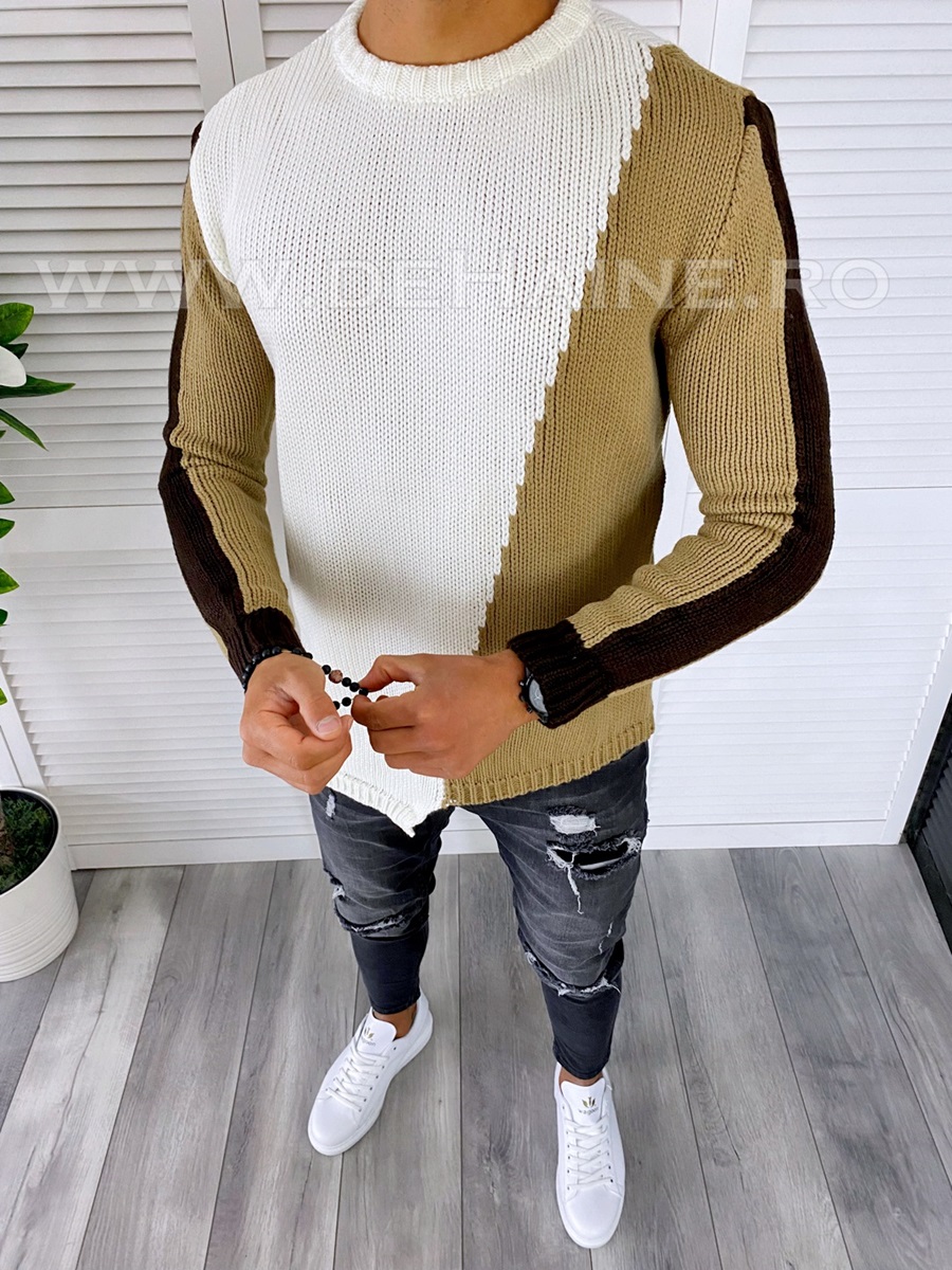 Pulover Barbati Slim Fit Alb Elegant Casual