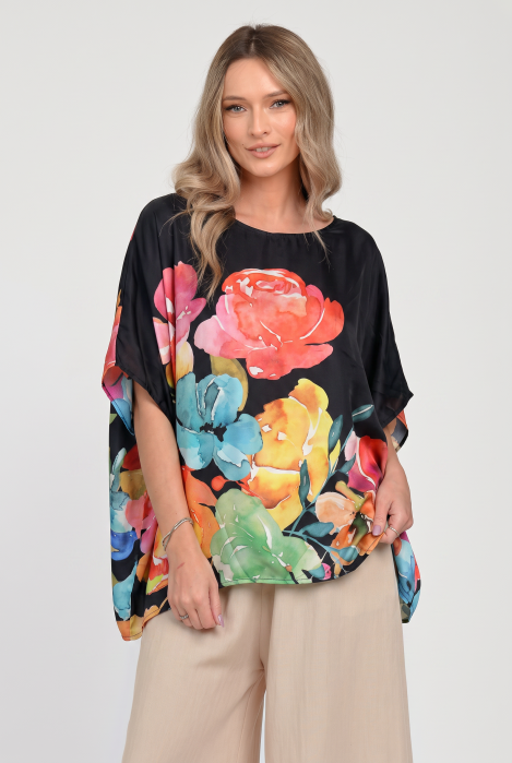 Bluza poncho matase si vascoza Shopika, print floral negru - imagine 2